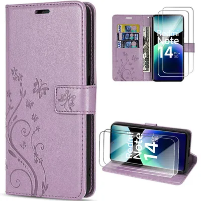 Image de Coque + 2 Verres Trempés pour Xiaomi Redmi Note 14 Pro Plus 5G, Protection CuirPolyuréthaneViolet Motif Plante