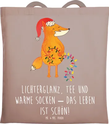 Produktbild von Mr. & Mrs. Panda Tote Bag Fuchs Weihnachten - Braun Pastell - Geschenk, Schultasche, Jutebeutel, Weihnachtsmann, Uni Tasche, Nikolaus, Heiligabend, dokumententasche