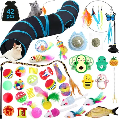 Produktbild von 42-teiliges Katzenspielzeug-Set mit Katzentunnel für Wohnungskatzen - Spielzeugbälle, Katzenangel, Feder-, Plüsch- und Mäusespielzeug