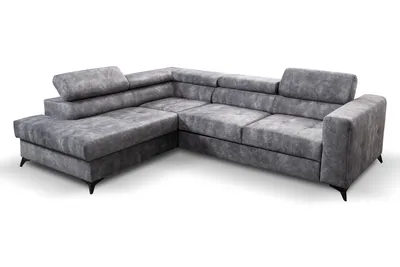 A gray sectional sofa is shown against a white background.