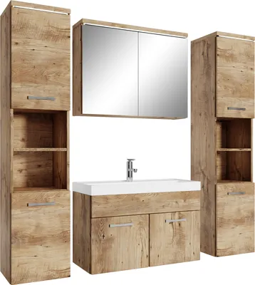 Immagine prodotto di Set completo di mobili da bagno Badplaats Paso XL LED 80 x 40 cm rovere castagno - mobili da bagno con lavabo, specchiera e 2 mobiletti da bagno