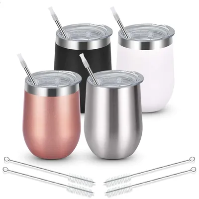 Immagine prodotto di Omgoods - Set regalo da 4 bicchieri per vino - Bicchieri da viaggio termici a doppia parete - Tazza da caffè infrangibile - Acciaio inossidabile - 350 ml - Isolamento di alta qualità - Bicchieri da viaggio