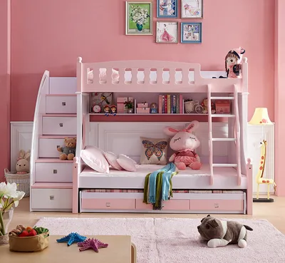 Produktbild von Kinder Etagenbett | Hochbett | Kinderbett | Funktionsbett | Mit Treppe | Mit Regal | Mit Schubfächer | 3 Schlafplätze | Rosa/Weiß