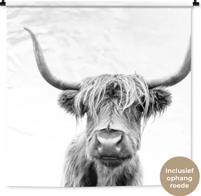 Produktbild von MuchoWow® Wandteppich Wandbehang Schottisches Hochlandrind - Schwarz - Weiß - Tiere 150x150 cm Tapisserie Dekoration Wandtuch - Wohnaccessoires - Modernes