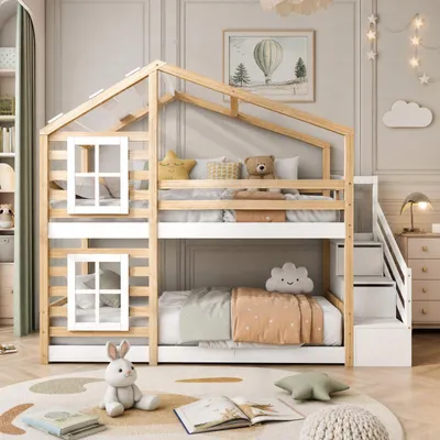 Image de INONEFT : Lit en bois massif, 90 x 200 cm, lit superposé avec fenêtre et sommier à lattes, lit pour adolescents avec baldaquin et barrières de sécurité, lit pour enfants, couleur bois