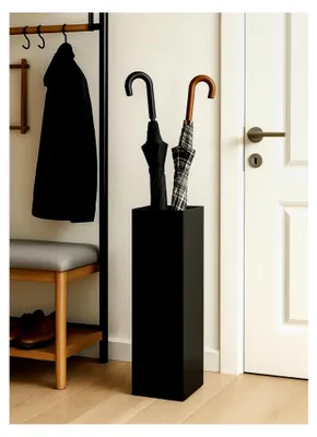 Produktbild von Schirmständer aus Metall mit modernem Design für Zuhause und Büro, schwarz, 2 Haken, 2 herausnehmbare Wasserauffangschalen, 15,5x15,5x49cm, quadratisch