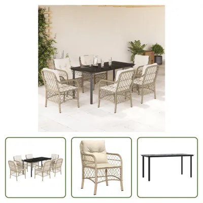 Produktbild von The Living Store 7-tlg. Garten-Essgruppe mit Kissen Beige Poly Rattan