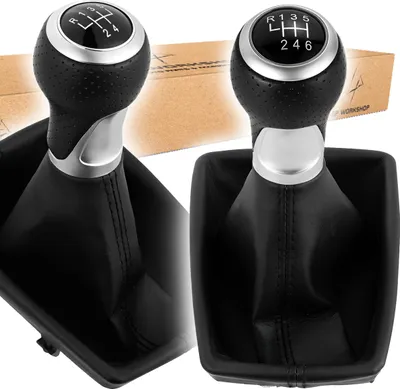 A collage of two car gear shift knobs with black leather boots, with a cardboard box in the background.