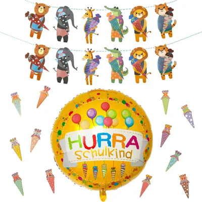 Produktbild von Oblique Unique Schuleinführung Schulanfang Einschulung Deko Set - Tier Girlande + Ballon HURRA Schulkind + Konfetti