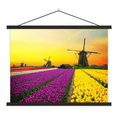 Produktbild von MuchoWow® Textilposter Windmühle - Tulpen - Blumen - Frühling 40x30 cm mit schwarzem Rahmen - Dekorationen