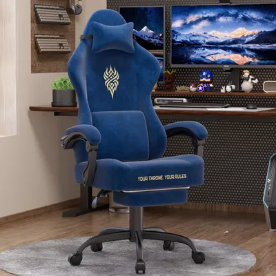 Produktbild von Verdego Gaming Stuhl, Ergonomischer Gaming Sessel Schreibtischstuhl mit Fußstütze Kopfstütze und Lendenkissen, Atmungsaktiver Samtstoff, Dunkelblau