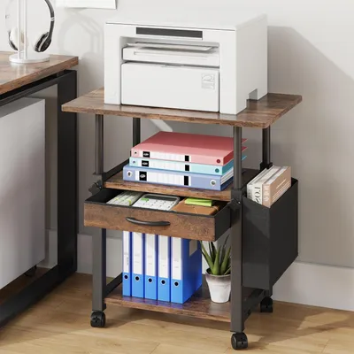 Image de Armoire de rangement pour imprimante, sur roulettes, à 3 niveaux, 56x38 cm, avec tiroir en tissu, hauteur réglable, idéale pour un bureau à domicile