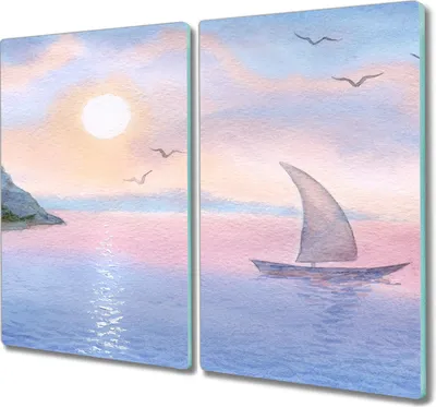 Produktbild von Coloray Herdabdeckplatte 2x30x52 cm Schneidebrett Kochplattenabdeckung Küchenbrett Hackbrett - Aquarellen Boot Meer