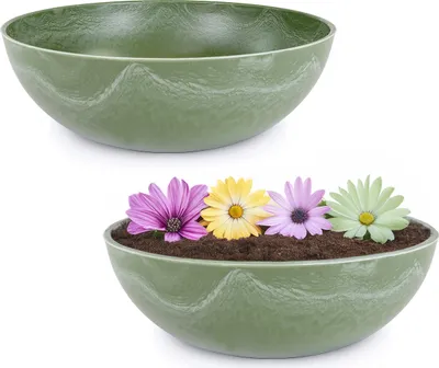 Image de Bacs à plantes d'extérieur : lot de 2 bacs décoratifs ronds verts style vintage, 25 cm