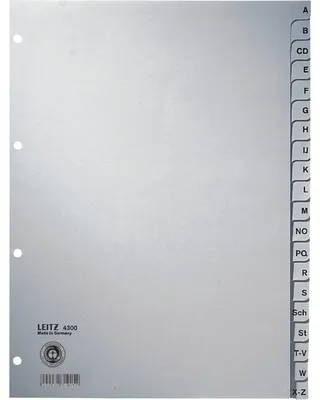 Produktbild von Leitz Papierregister, DIN A4, 20-teilig, A-Z, 100g/qm, Tauenpapier, grau, 4-fach Lochung