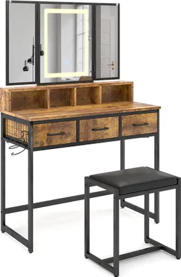 Image de Coiffeuse Vicco Fyrk Chêne rustique 90cm avec tabouret et miroir LED, Model 53021