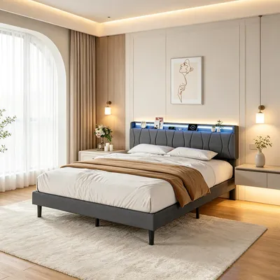 Obrázok produktu pre INONEFT Posteľ s pružinovým matracom, čalúnená posteľ 160x200 s LED osvetlením a nabíjacou stanicou, posteľ s úložným priestorom pod posteľou, posteľ pre mládež, rám postele s latkovým roštom, sivá, ľanová