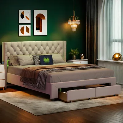 Produktbild von ProximaX Nietenbett 140×190 cm – Samt-Polsterbett mit LED- und USB-Kopfteil, Seitentaschen – Schublade am Fußteil – Ideal für Schlafzimmer, Beige