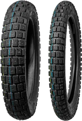 Two motorcycle tires are shown side-by-side against a white background.
