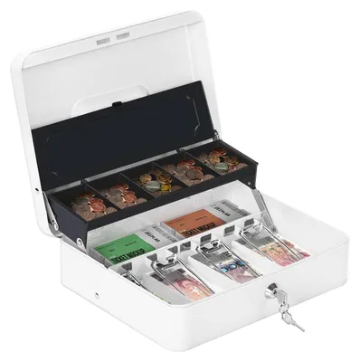 Productafbeelding van Geldkist Met Sleutelslot - Wit Draagbaar Metaal - 30 x 24 x 9 cm - Geldblik - Voor Thuis En Kantoor