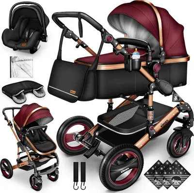 Produktbild von Kiduku Kinderwagen Komplettset, Kombikinderwagen Set inkl. Babywanne Buggy Auto-Babyschale Fußsack, Voll-Gummireifen Wickeltasche Regenschutz Kindertisch (Bordo/Schwarz)