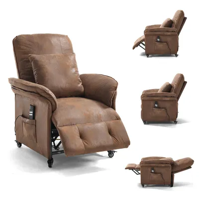 Produktbild von 2 Motoren Elektrischer Relaxsessel Braun Flockleder, TV Sessel mit Liegefunktion & Rollen, Verstellbare Rückenlehne und Fußstütze