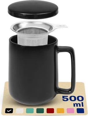 Produktbild von Famanu Teetasse mit Sieb und Deckel - Keramik Schwarz, 500 ml XXL