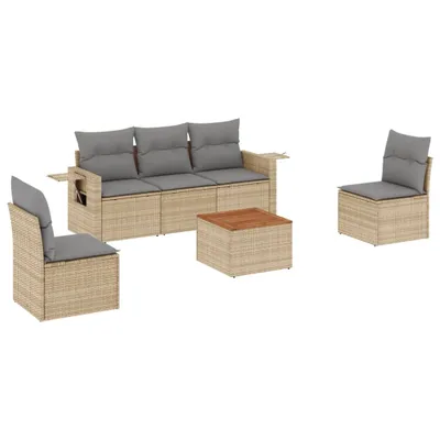 Produktbild von Modulares 6-tlg. Garten-Lounge-Set, Poly Rattan Beige, Akazienholz-Tisch, mit Stauraum, wasserabweisende Kissen Hellgrau
