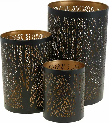 Produktbild von Teelichthalter Set "Waldzauber" 3er-Set Metall Windlichter Schwarz/Gold für stimmungsvolle Lichteffekte Ø8/10/13cm