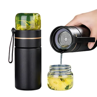 Produktbild von Thermobecher mit Teesieb,Thermobecher mit Infuser,Teebecher ToGo ,für heißen & kalten Tee,auslaufsicher, tragbar, Schwarz