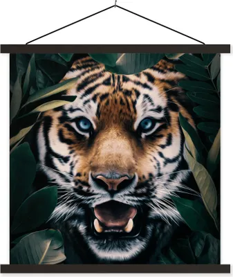 Produktbild von MuchoWow® Textilposter Tiger - Blatt - Tiere 60x60 cm mit schwarzem Rahmen - Posteraufhänger