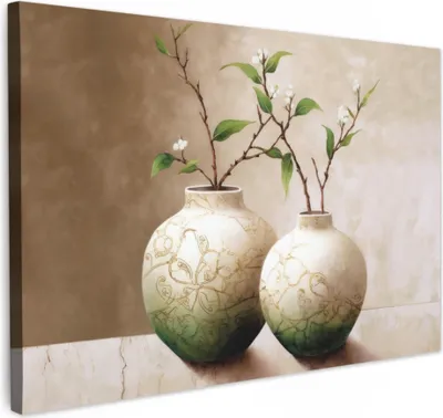 Produktbild von MuchoWow® - Leinwandbilder - Blumen - Vase - Weiß - Botanisch - Beige, Wandbild, Wanddeko Bilder Wohnzimmer, 120x80 cm