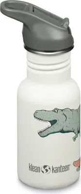 A white Klean Kanteen water bottle with a dinosaur graphic and a gray flip-top sport cap.