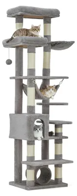 Image de Arbre à chat - Arbre d'escalade - 5 niveaux et plus - Très stable pour les grands chats - Poteaux à griffer - Hamac - Plateforme d'observation - Balles de jeu - Gris clair