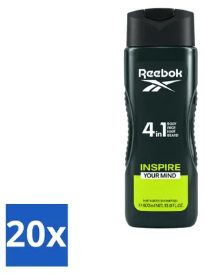 Immagine prodotto di 20 flaconi di gel doccia Reebok Inspire Your Mind, formato 4-in-1, da 400 ml ciascuno. Confezione da 20 pezzi