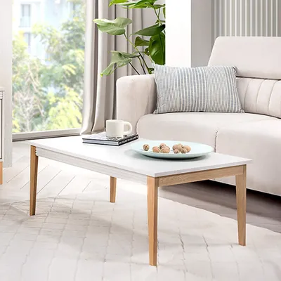 Obrázek produktu pro Belmy Konferenční stolek 90x68 cm béžový kašmír VIENNA – klasická obývací lavice, dubové nohy, frézované lišty