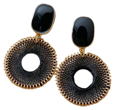 Produktbild von otolife Damen Hängeohrringe Schwarz-Gold – Runde Statement-Ohrringe mit filigraner Flechtoptik
