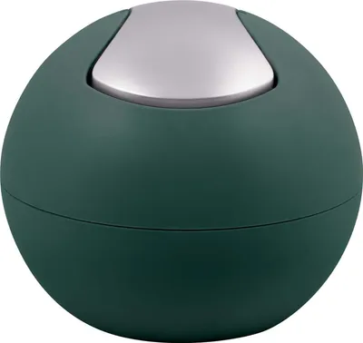 A dark green, spherical trash can with a silver flip-top lid.