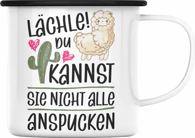 Produktbild von Trendation - Lächle Du Kannst Sie Nicht Alle Anspucken Emaille Tasse Llama Lama Alpaka Emaille Emaille Tasse mit Spruch Lustige Emaille Tasse (Schwarz)