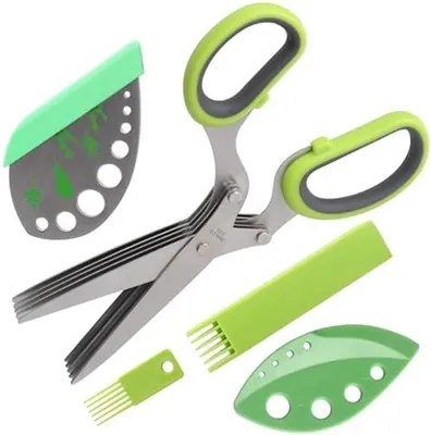 Produktbild von PolkaHome® Kräuterschere Set - 5-in-1 Küchenwerkzeug mit Reinigungskamm, 16 x 8 x 3 cm, Grau
