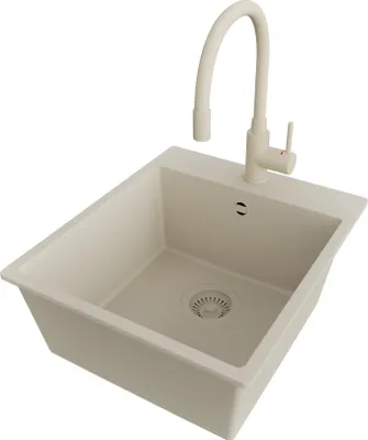Produktbild von PRIMAGRAN Granitspüle Beige 43x50cm, Spülbecken 1 Becken + Küchenarmatur 38x14cm + Ablauf-Set, Küchenspüle ab 45er Unterschrank - Riga