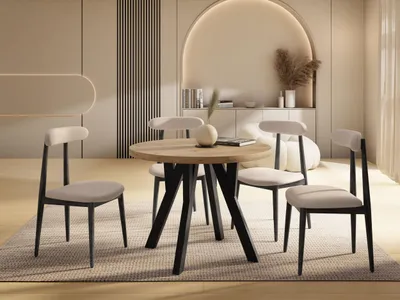 Produktbild von Runder Ausziehbarer Esstisch im Loft-Stil – Verlängerbarer Tisch mit Schwarzen Holzbeinen – Platzsparender Esstisch für Wohnzimmer – Eiche Artisan Hellbraun  – 80 bis 130 cm