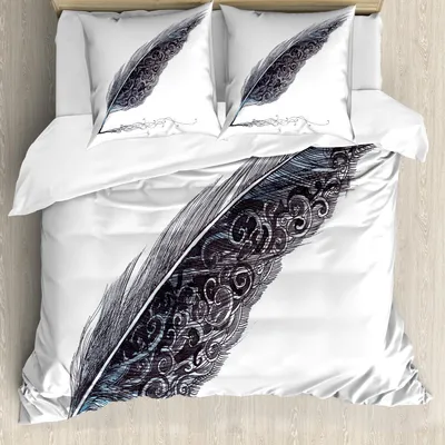 Obrázek produktu pro ABAKUHAUS Šedá sada povlečení, obrázek starožitného klasického brka s motivy listů na jedné straně, 155 x 220 cm + 80 x 80 cm, šedá černá