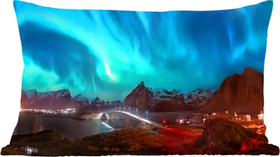 Produktbild von MuchoWow® Zierkissen Sofakissen Wohnzimmer Dekokissen 50x30 cm Nordlichter - Berg - Haus - Wohnzimmerdekoration - Polster mit Photo