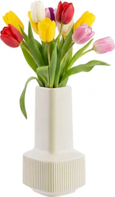 Image de Vase Vase de fleurs en céramique avec rainures Blanc H 20 cm Mat Vase décoratif de table Vase de fleurs Décoration Moderne Glamour, motif tridimensionnel, inspiration florale, bouquets de fleurs vivants