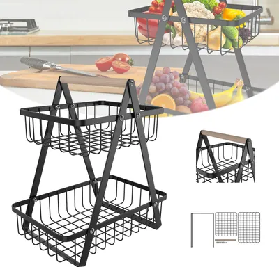 Obrázek produktu pro XINZI 2patrový kovový organizér černý – s dřevěnými úchyty, odnímatelným stojanem, na kuchyňské náčiní/ovoce/zeleninu/chléb, vhodný do kuchyně