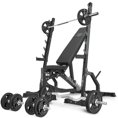 Immagine prodotto di Marbo Sport - Set MS8_2.0_83KG_G | Panca pesi regolabile bifacciale + supporto multilivello (2 pezzi) + barra gommata e set di piastre pesi 83 kg