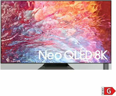 A Samsung Neo QLED 8K TV is displayed on a stand against a white and light gray background.