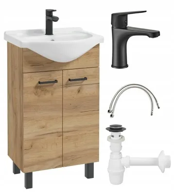 A bathroom vanity with a sink and faucet, along with plumbing accessories, displayed against a white background.
