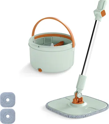 Zdjęcie produktu dla COSTWAY Mop+wiadro 4L, mop płaski z wyciskaczem, głowica obrotowa 360°, system separacji i 2 ściereczki z mikrofibry, system czyszczenia podłóg Zielony